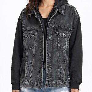 American Eagle Outfitters Black Washed Distressed Denim Jacket with Hoodie 22ptp